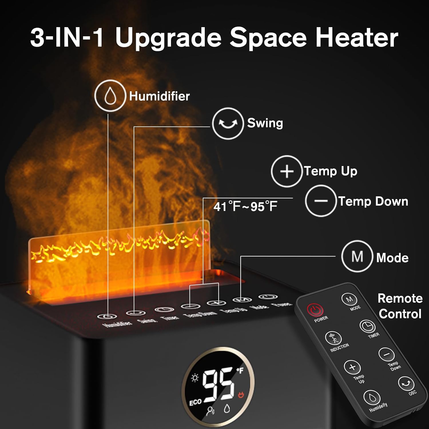 okoium 1500W PTC Ceramic Space Heater with Humidifier and 3D Flame Effect 1