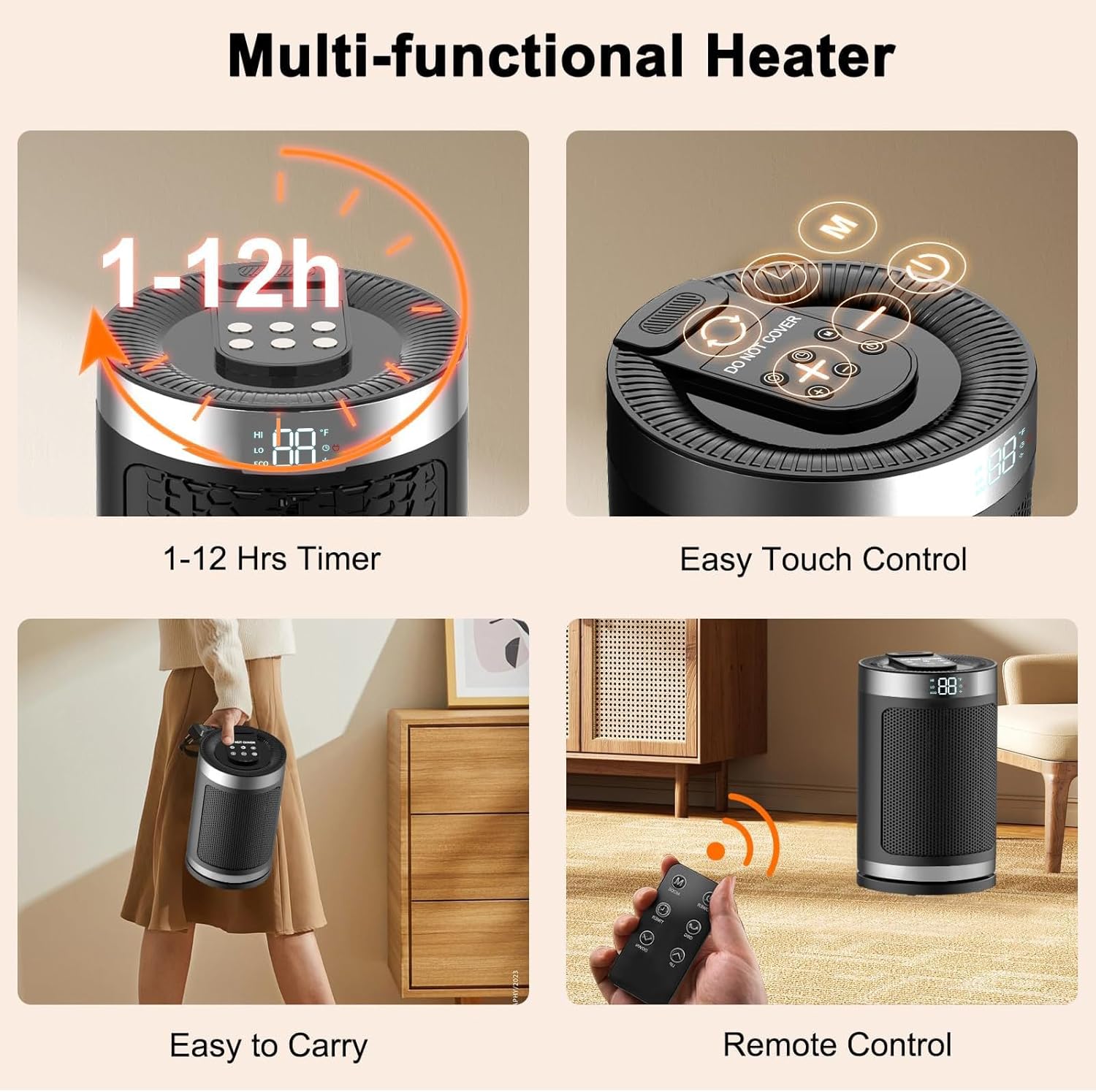 Feculs Official 1500W PTC Ceramic Space Heater with Timer and ECO Mode