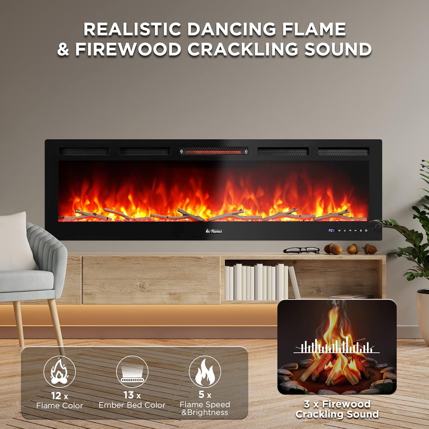 TURBRO 60 Smart WiFi Fireplace with Sound and Flames
