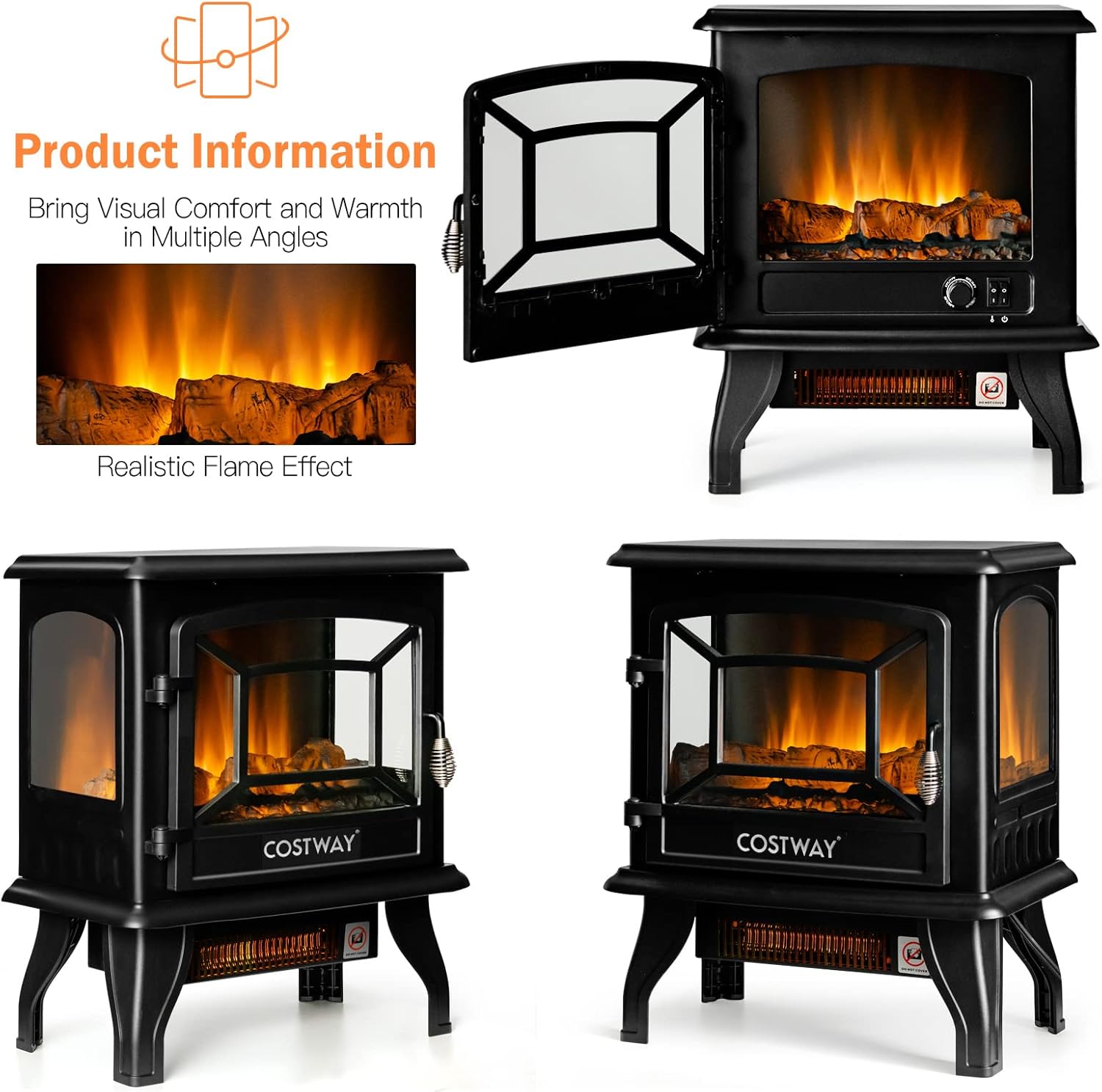 COSTWAY Electric Fireplace Stove with Realistic Flame and Adjustable Thermostat