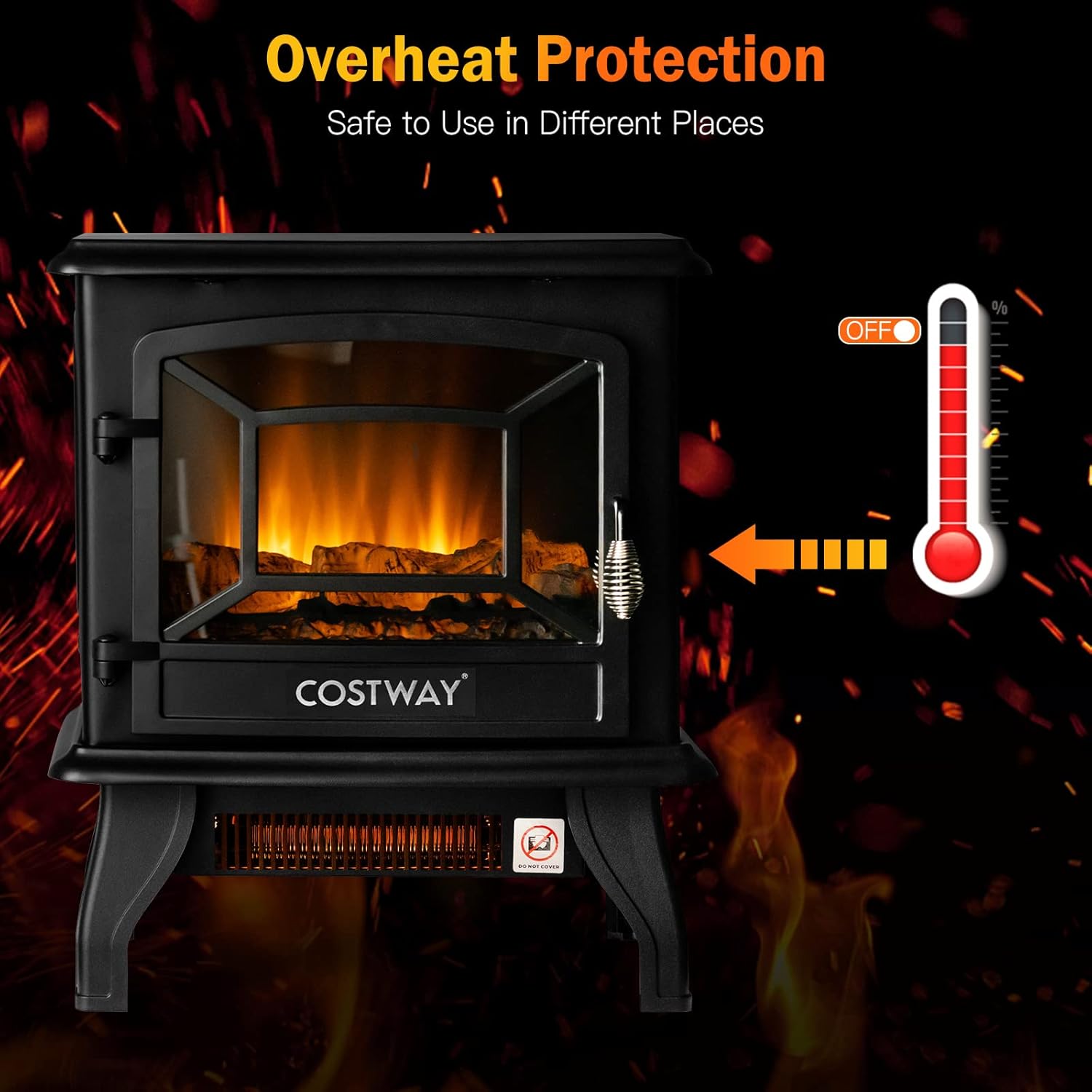 COSTWAY Electric Fireplace Stove with Realistic Flame and Adjustable Thermostat