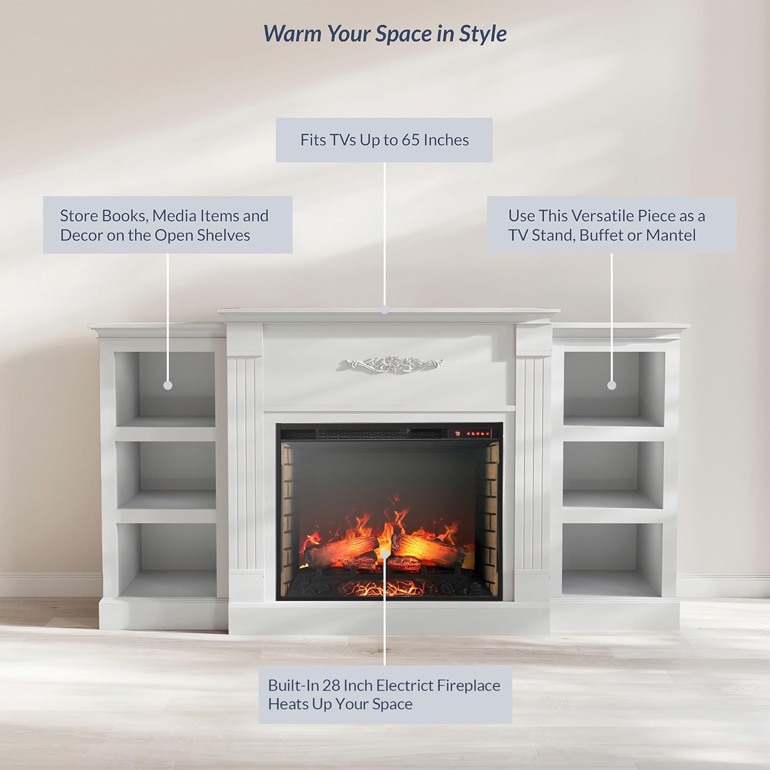 BELLEZE Modern 70 Electric Fireplace with Shelves and Sound