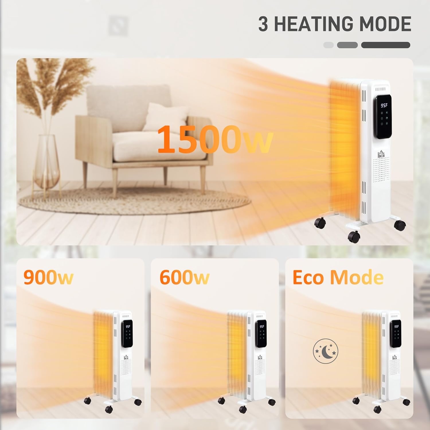 HOMCOM 2475 Electric Space Heater with 3 Modes Timer Remote 1500W White