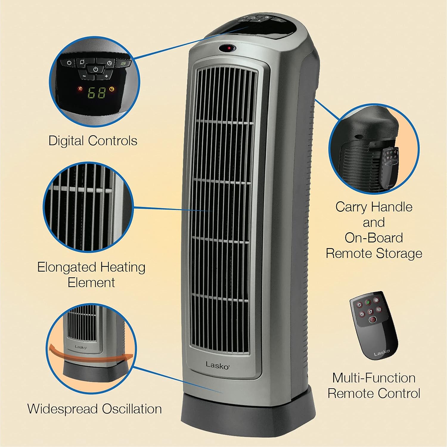 Lasko Portable Oscillating Space Heater with Digital Display and Remote Control