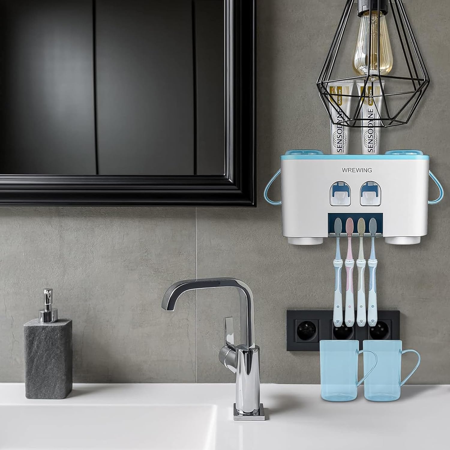 WREWING Multifunctional Toothbrush Holder with 4 Slots and 2 Squeezers Blue