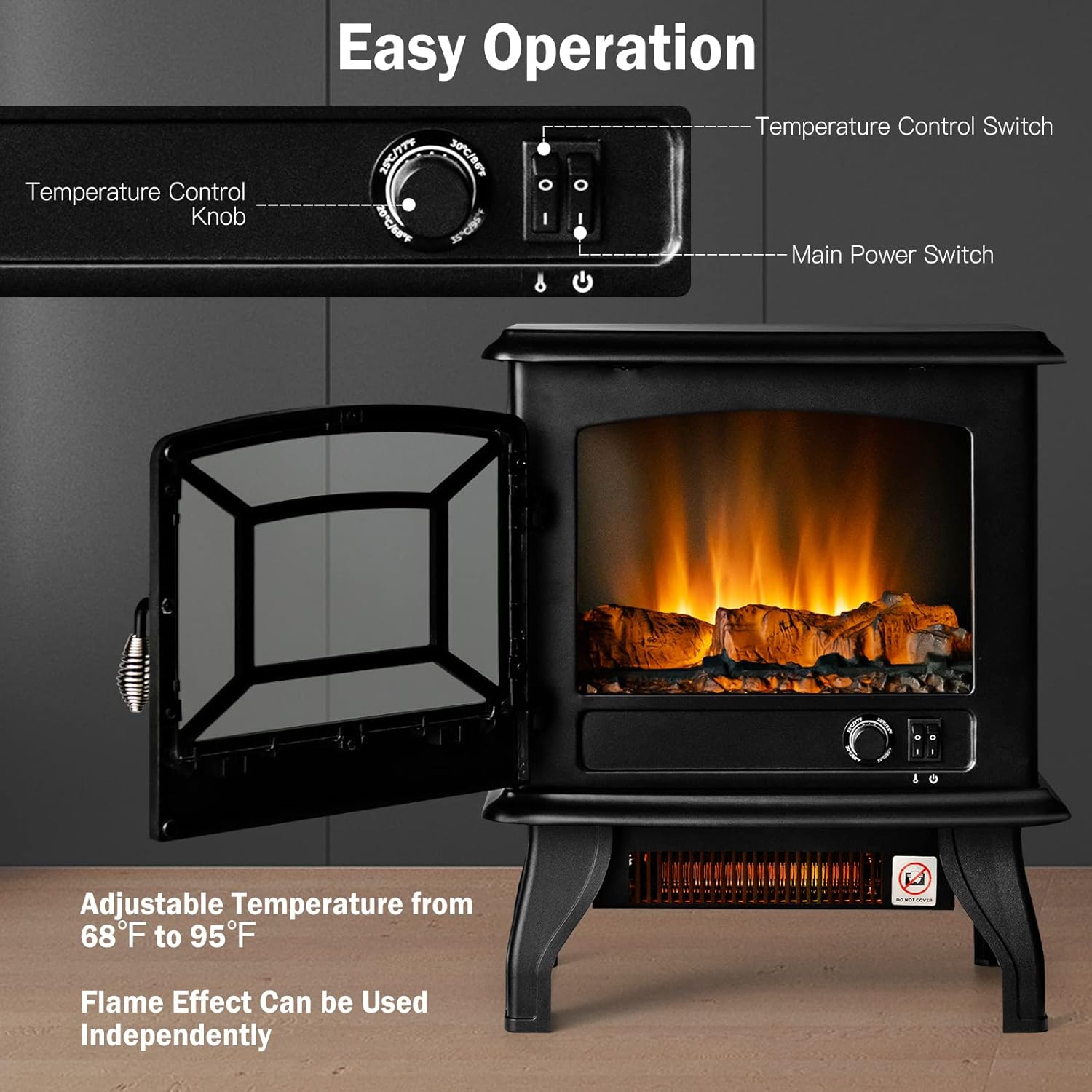 COSTWAY Electric Fireplace Stove with Realistic Flame and Adjustable Thermostat