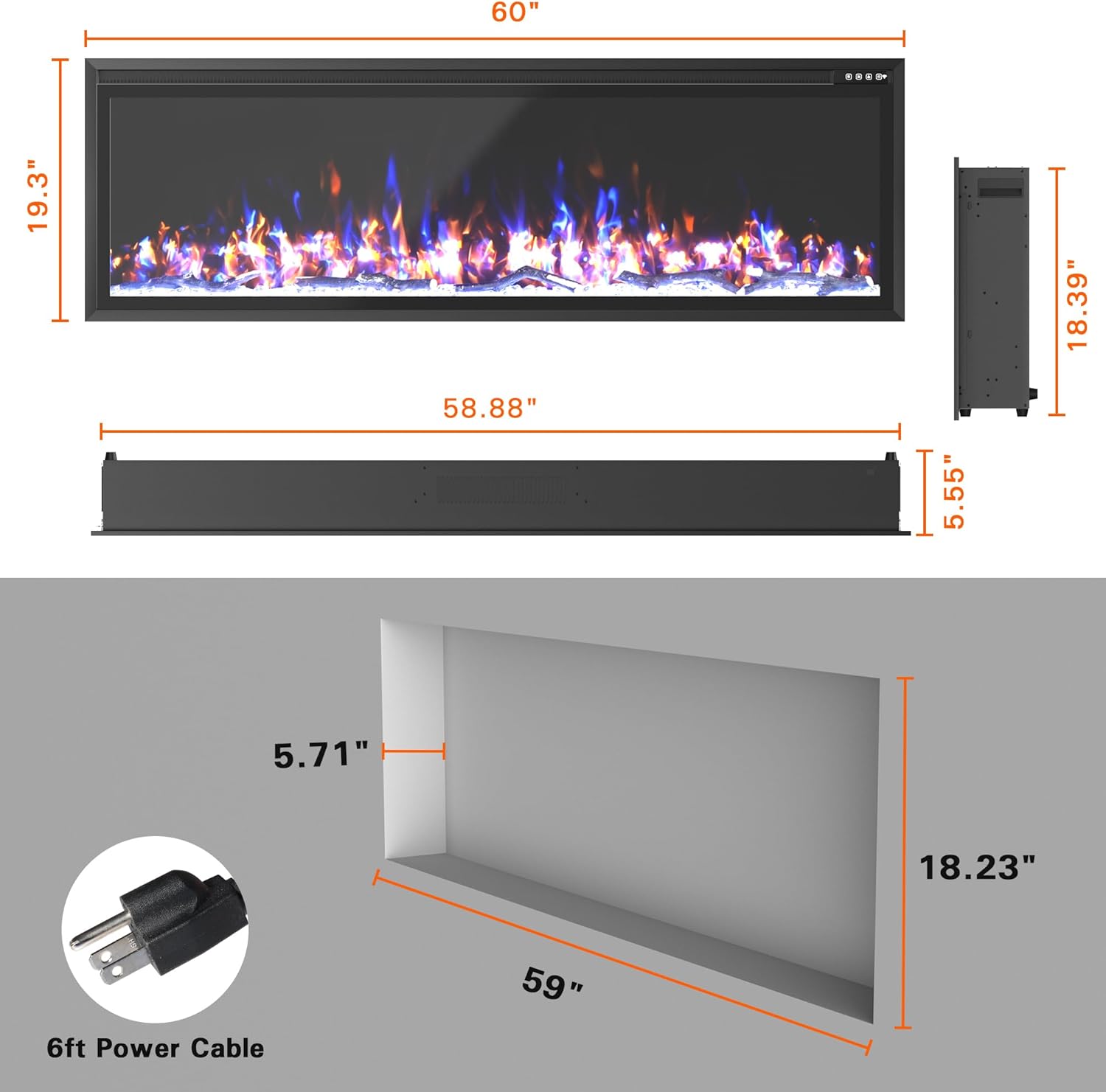 Weyderk 60 Electric Fireplace with Remote Control