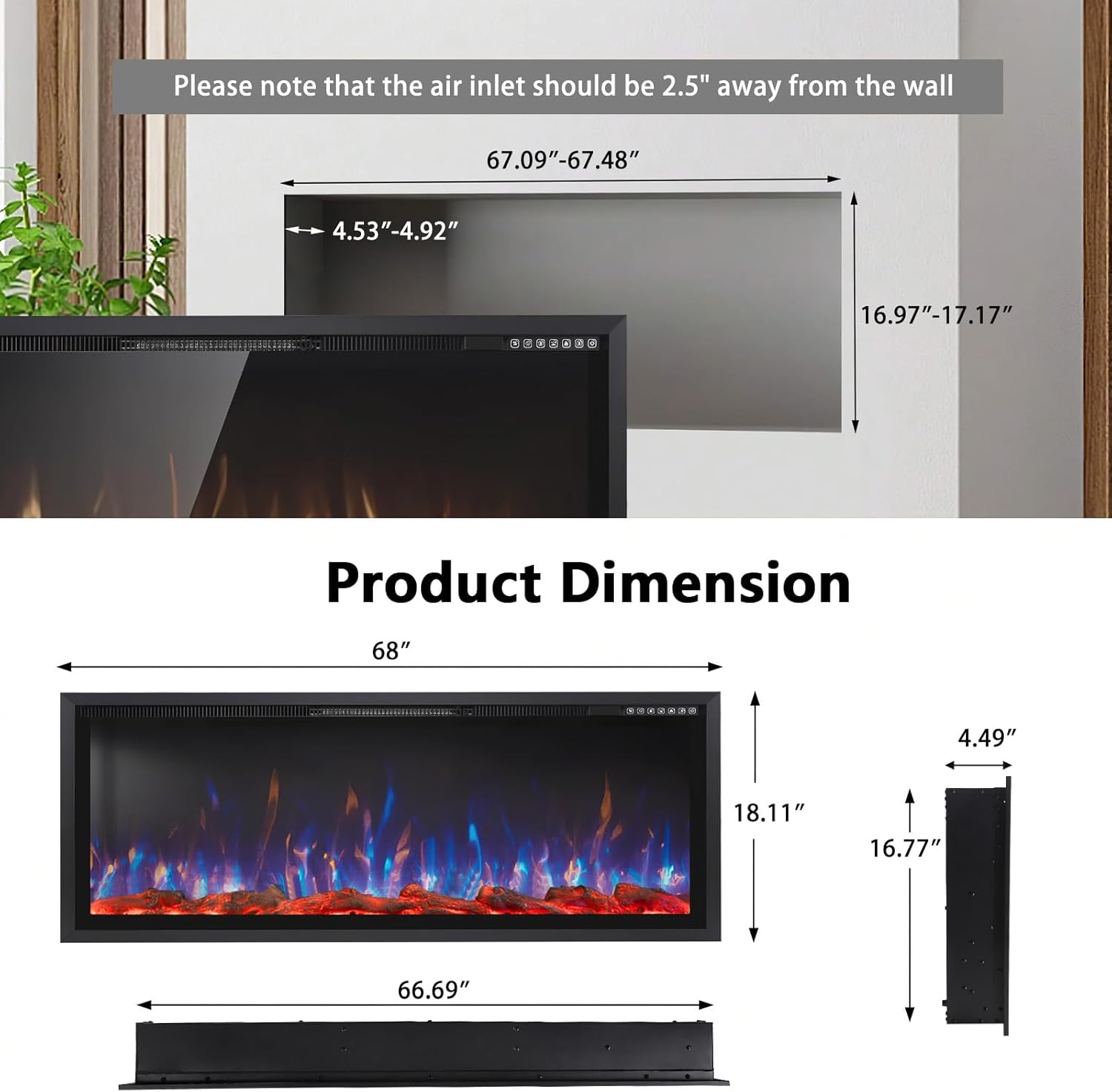 PRETZI 68 Inch Electric Fireplace Ultra Narrow Frame