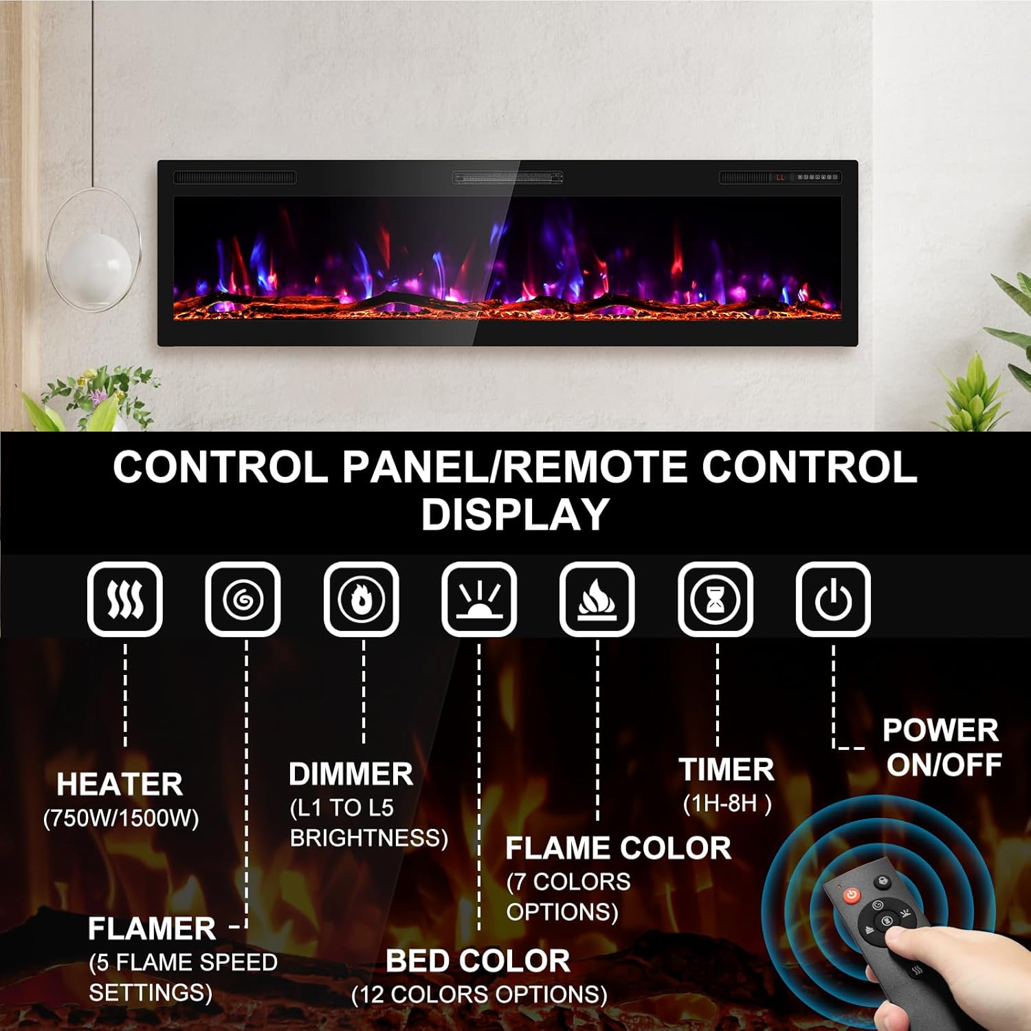 BREEZEHEAT 68 Inch Electric Fireplace with Log and HD Flame