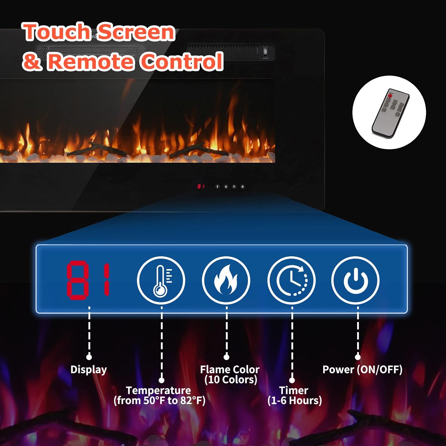 FODINGHILL 60 Electric Fireplace with Touch Screen and Adjustable Flame