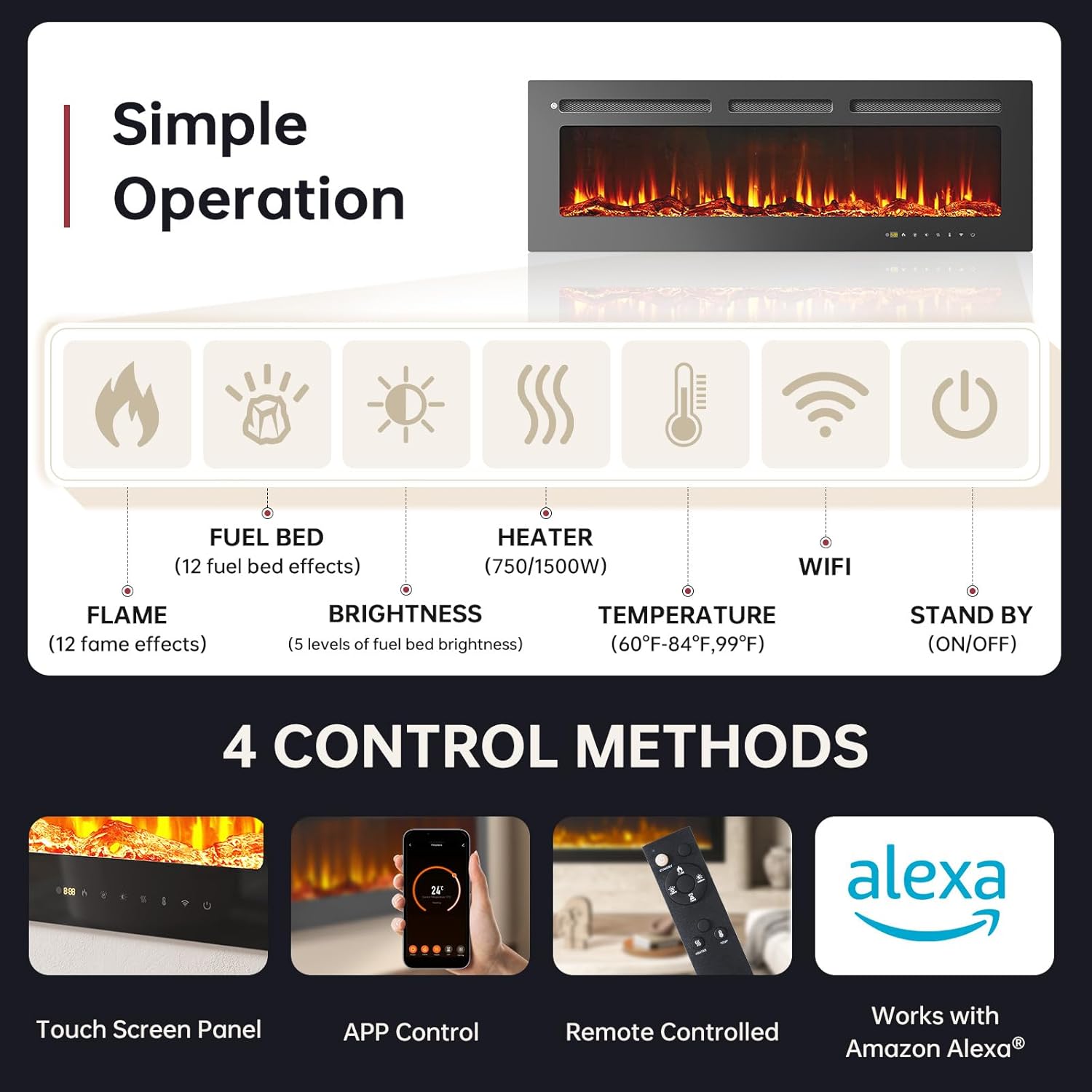 oneinmil 50 Smart Electric Fireplace Heater with Alexa Compatibility