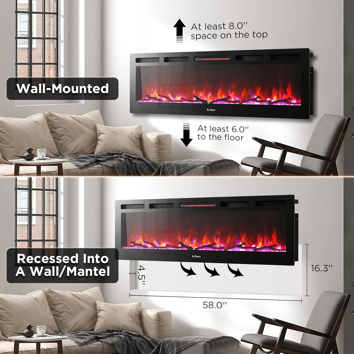 TURBRO 60 Smart WiFi Fireplace with Sound and Flames