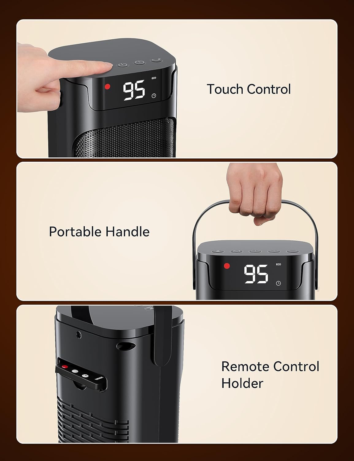 VAGKRI 24 Electric Space Heater with Remote and Thermostat 3 Modes Black