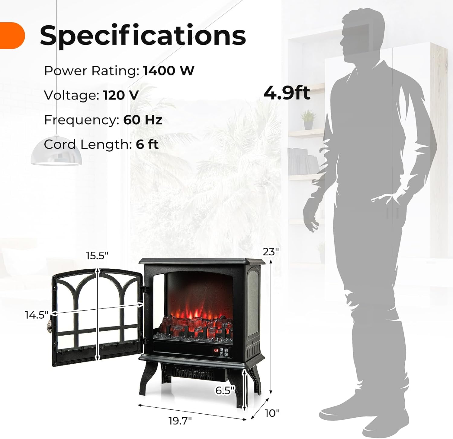 GOFLAME 23 Electric Fireplace Stove with 3-Level Flame and 6H Timer