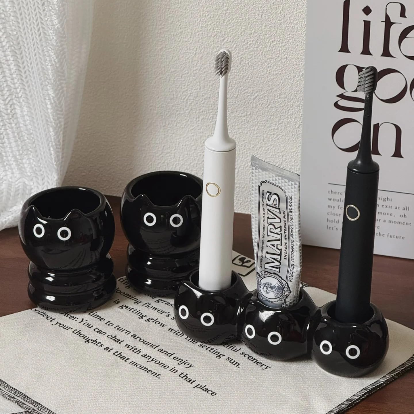 Cute Cat Ceramic Toothbrush Cup Holder - Black