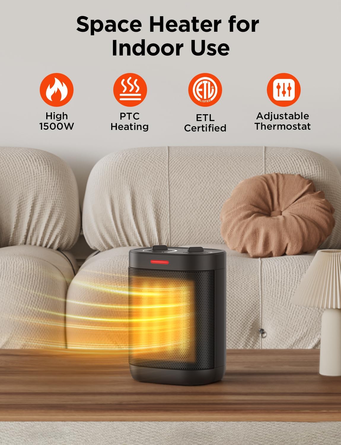 Chikit 1500W PTC Ceramic Space Heater with Adjustable Thermostat 1