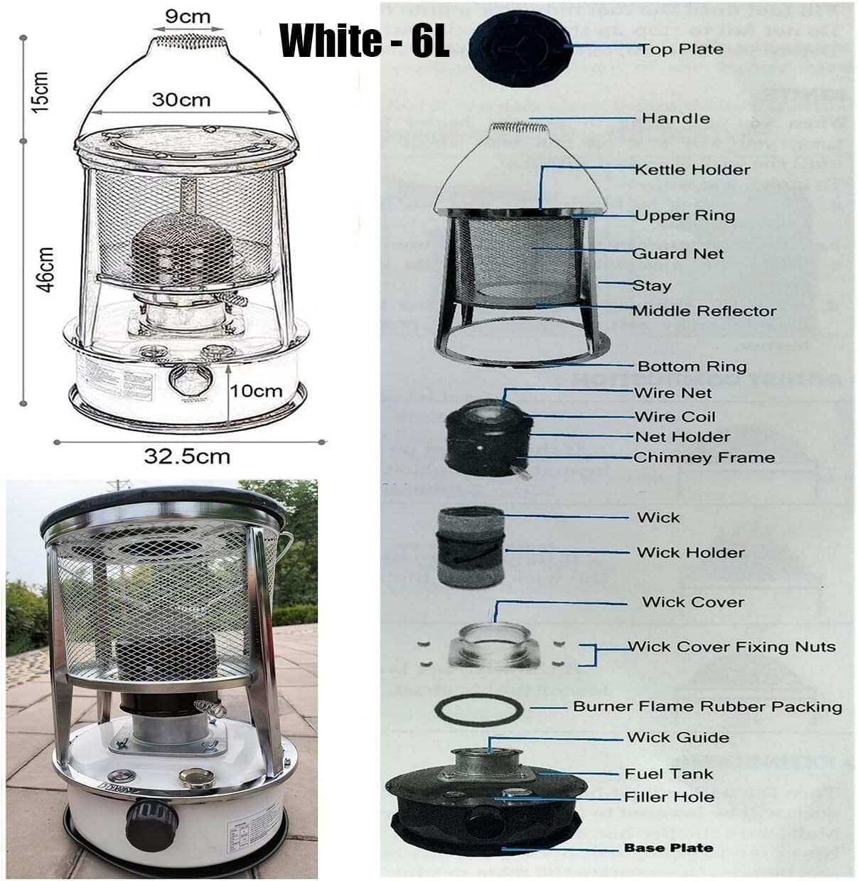 White 6L Kerosene Heater Portable Non Electric Indoor Outdoor 3000W