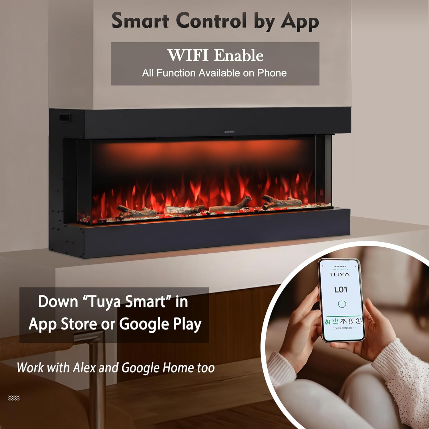 Masarflame 36 WiFi Electric Fireplace with 3-Sided Glass Design