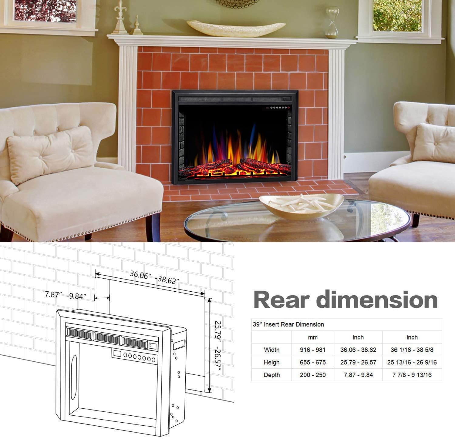 RWFLAME 39 Electric Fireplace Insert with Touch Screen