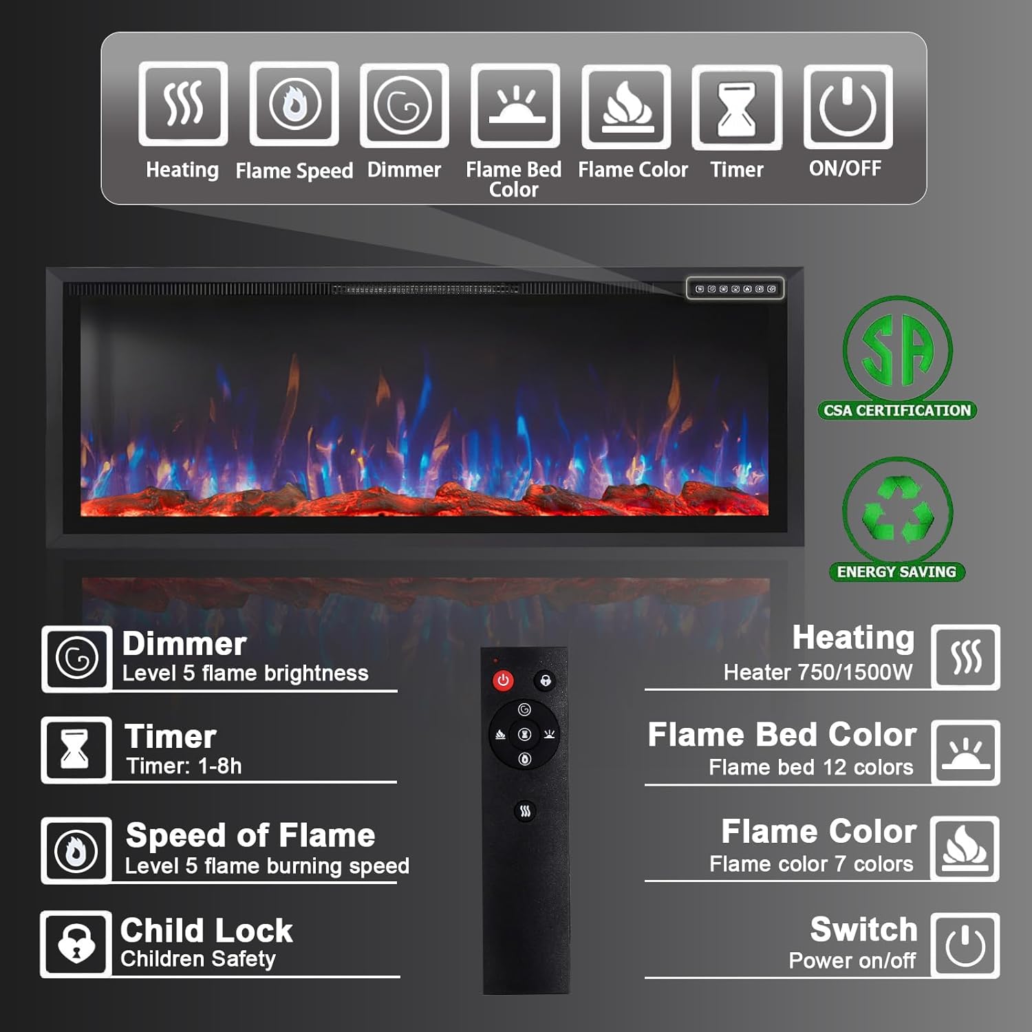 PRETZI 68 Inch Electric Fireplace Ultra Narrow Frame