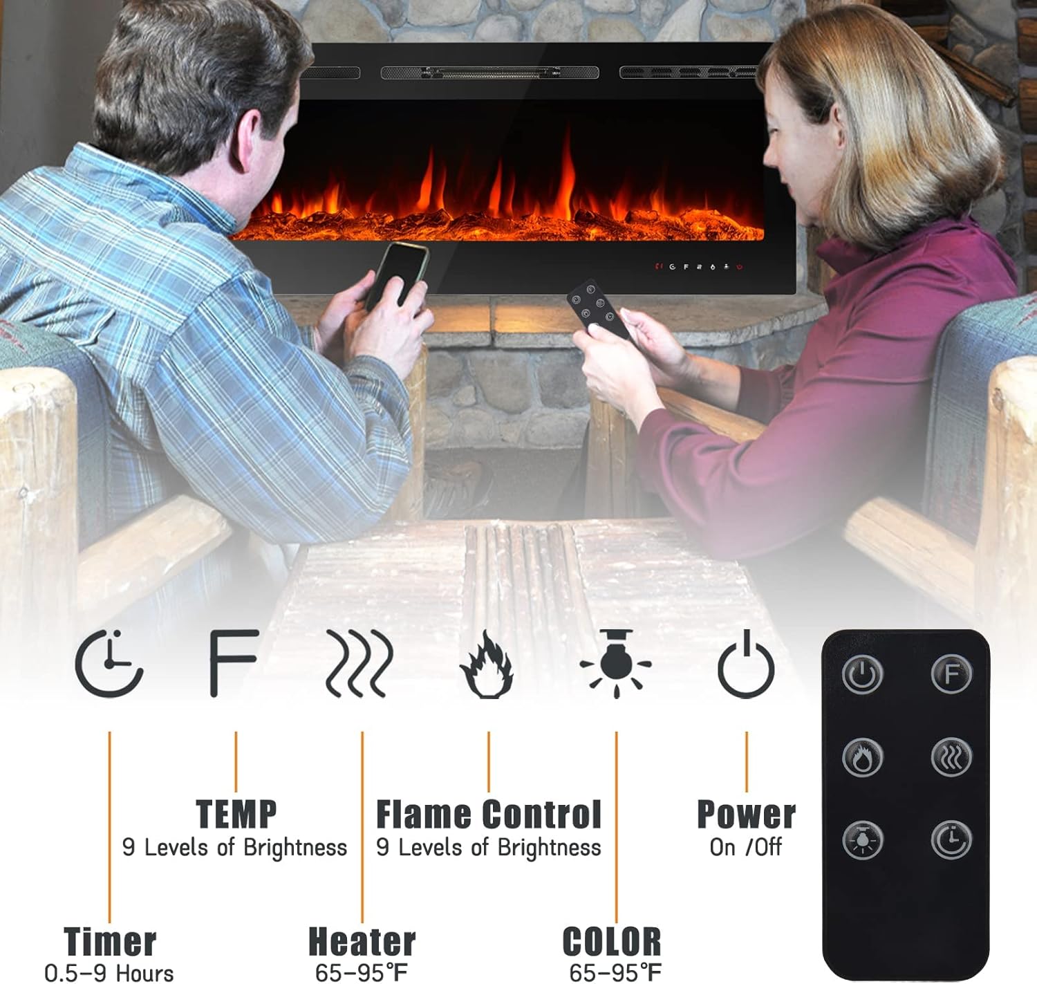CharaVector 70 Inch Electric Fireplace with Remote Control and Touch Screen