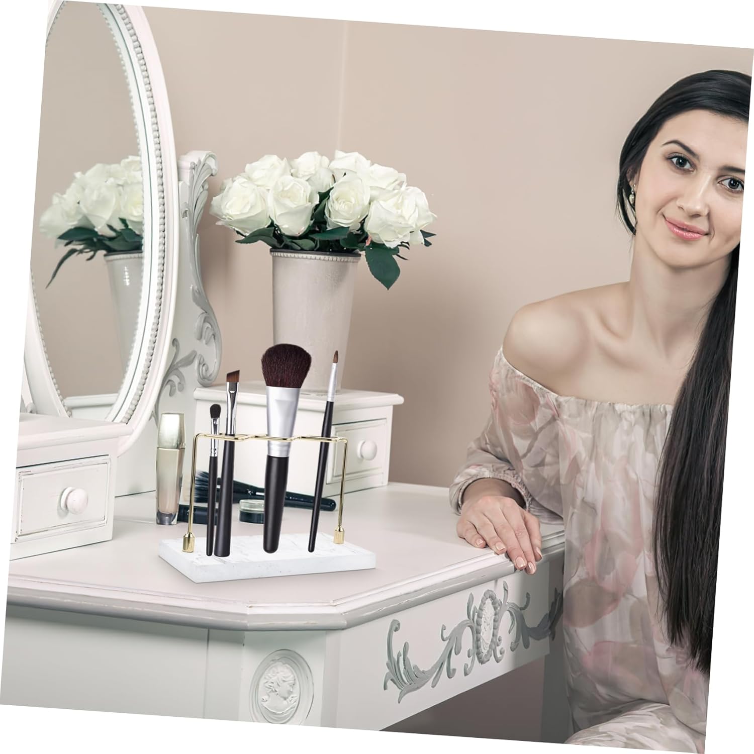 HEALLILY Marble Textured Toothbrush Holder Stylish Bathroom Organizer