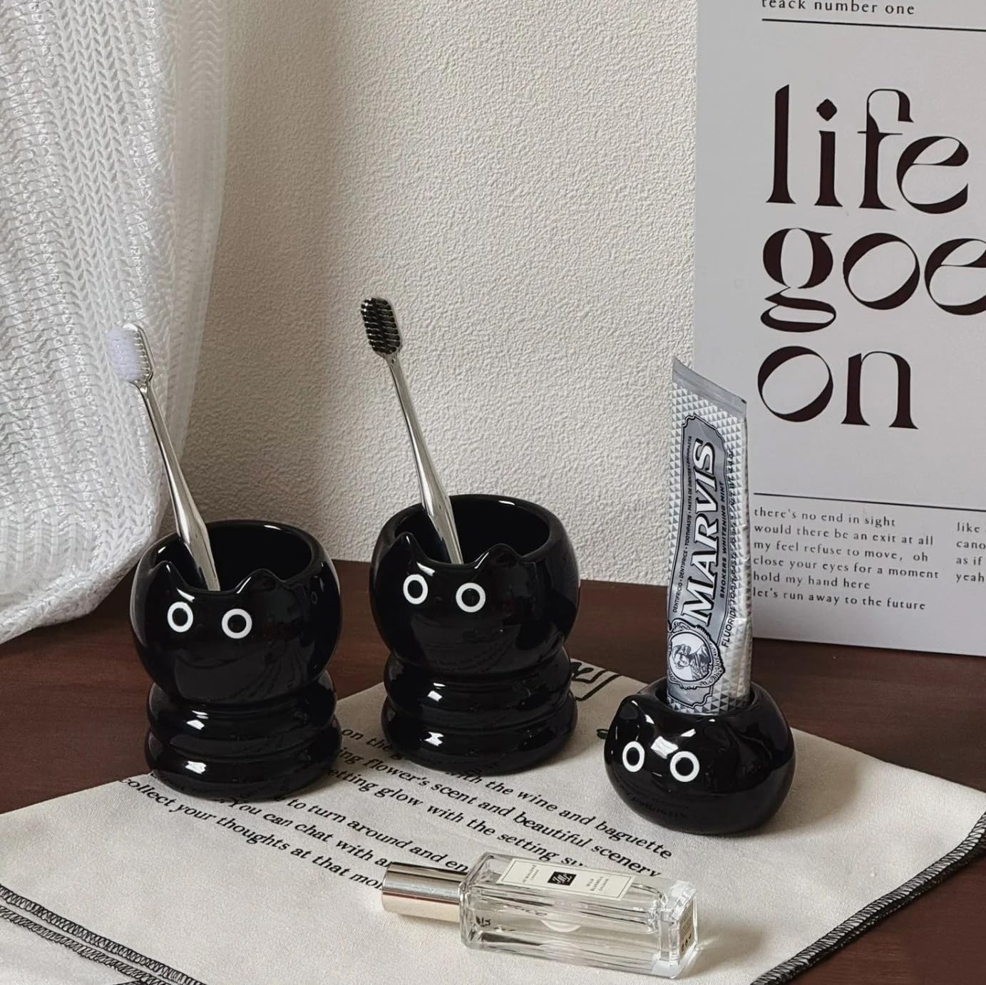 Cute Cat Ceramic Toothbrush Cup Holder - Black