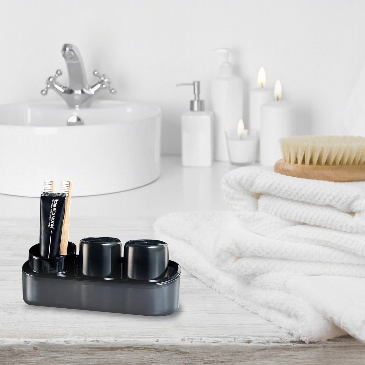 Black Toothbrush Holder Set with 2 Cups for Bathroom