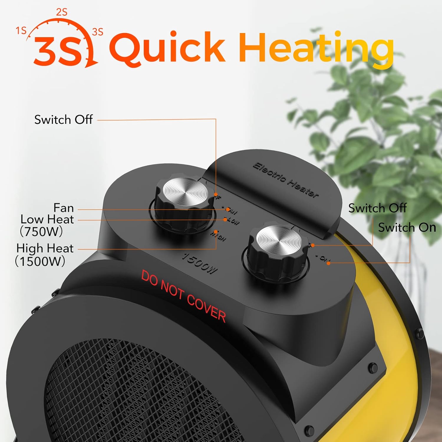 1500W Electric Space Heater with 90 Degree Adjustable Angle