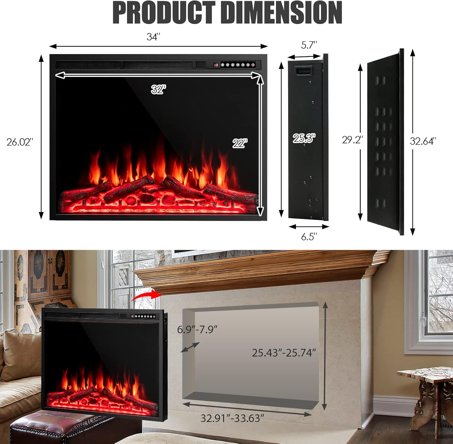COSTWAY 34-Inch Electric Fireplace with Remote Control