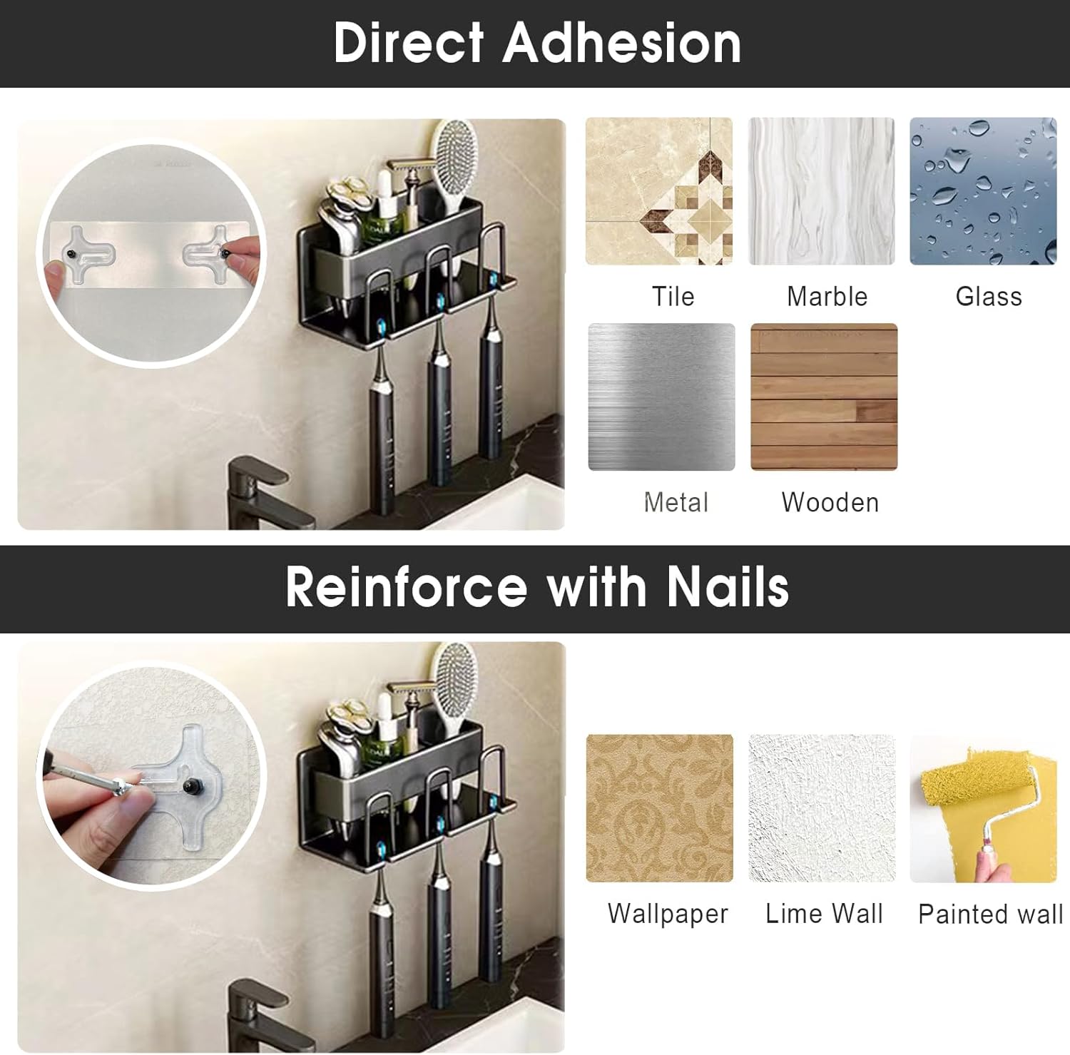 AUSAULAC Toothbrush Holder Wall Mounted Black