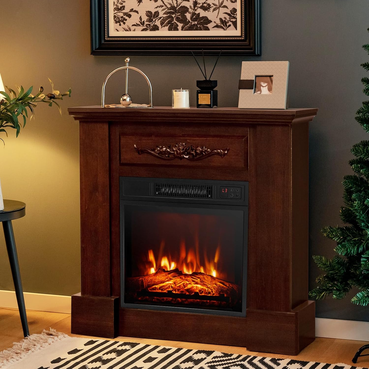 COSTWAY 32-Inch Electric Fireplace with Mantel and Remote Control