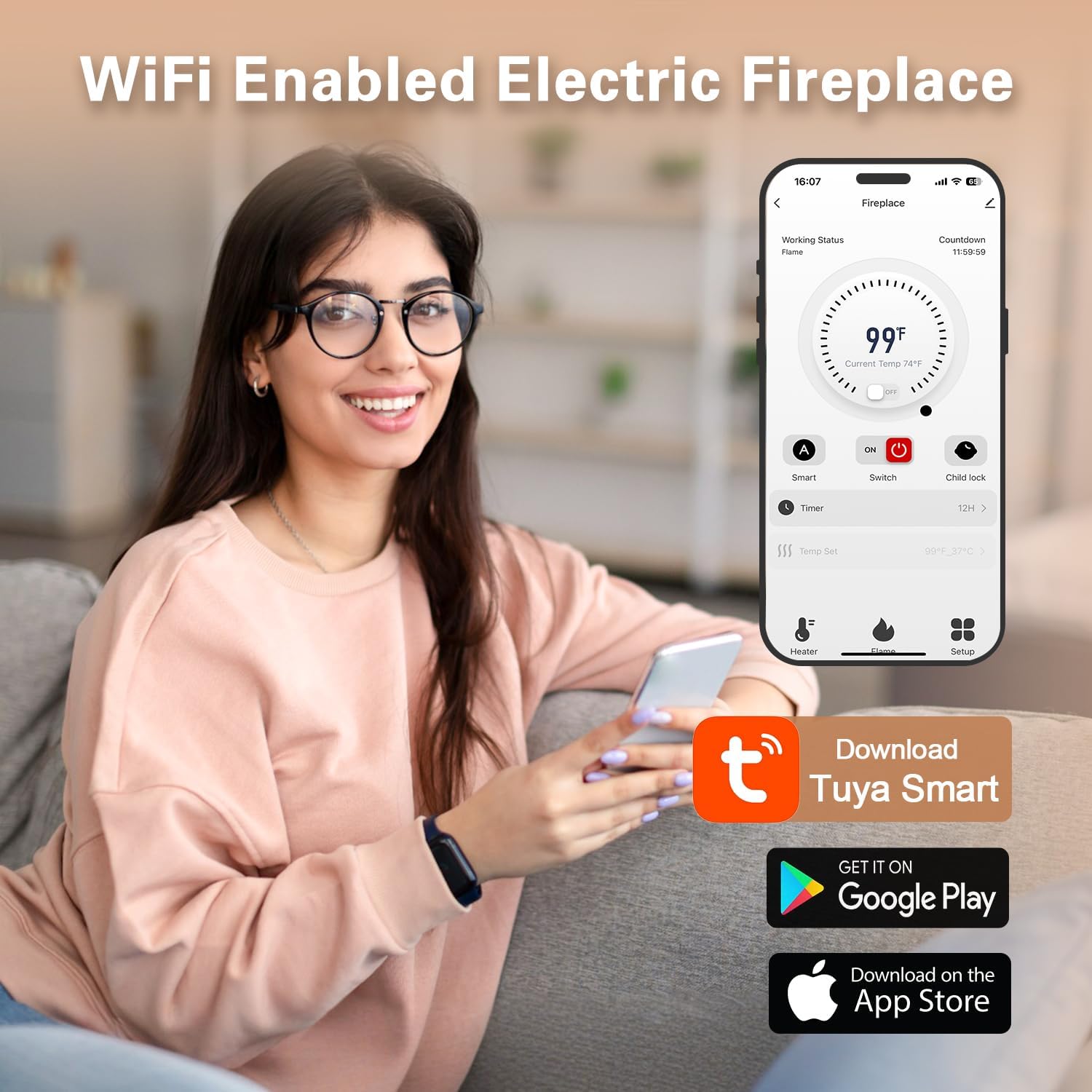 Cheerway 42 Smart WiFi Electric Fireplace with Timer and App Control