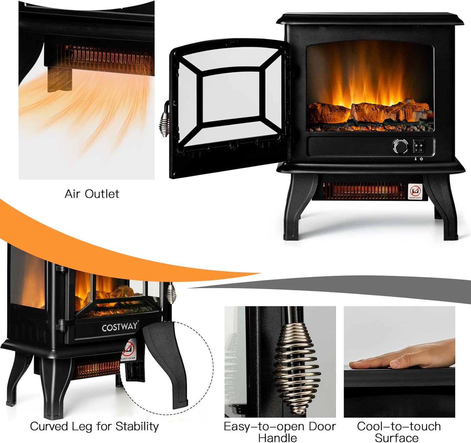 COSTWAY Electric Fireplace Stove with Realistic Flame and Adjustable Thermostat