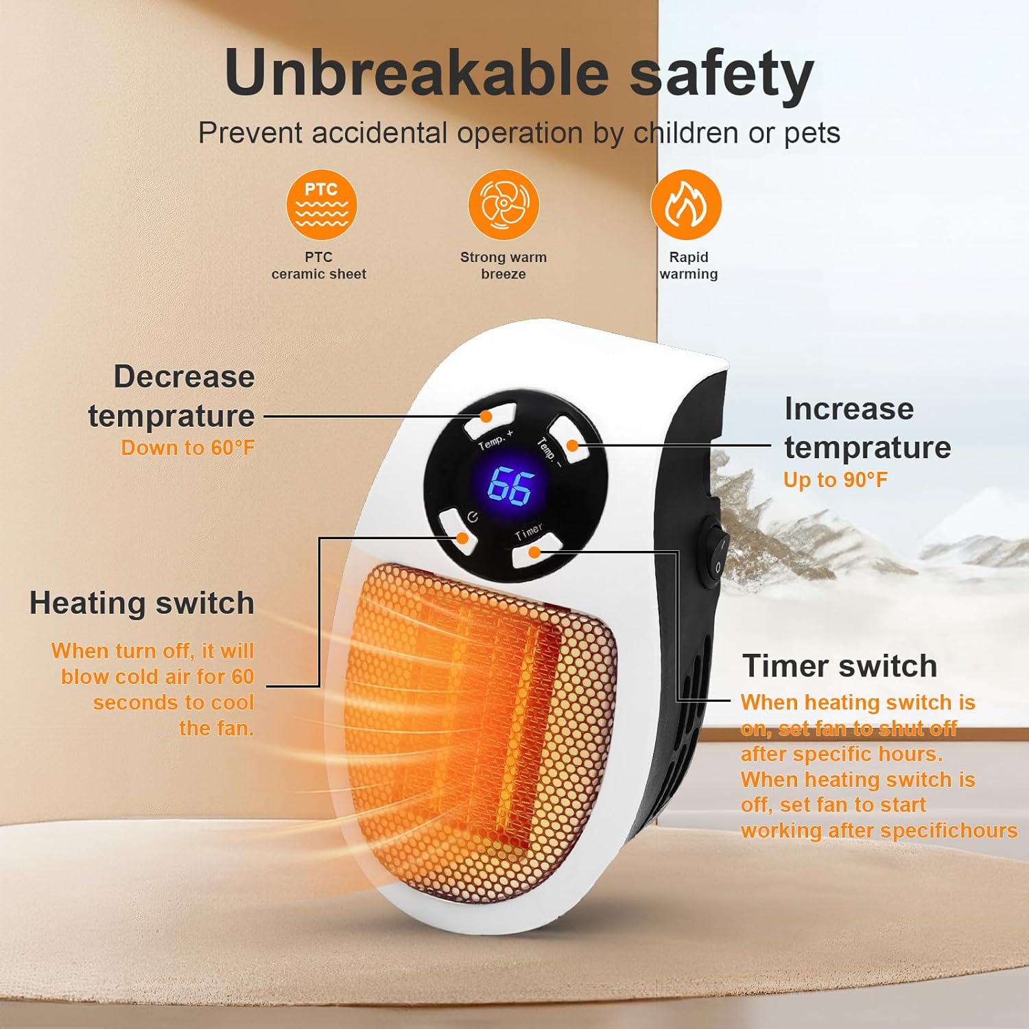 LYNBKLS 450W Smart Wall Space Heater with LED Display and Overheat Protection