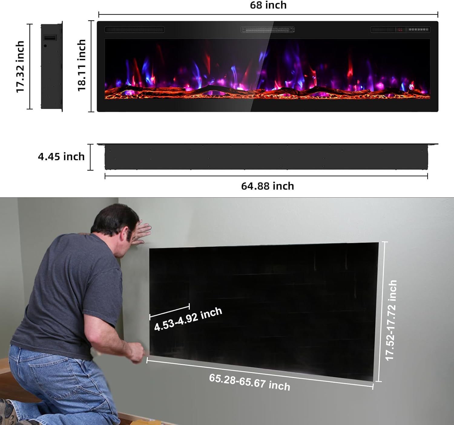 BREEZEHEAT 68 Inch Electric Fireplace with Log and HD Flame