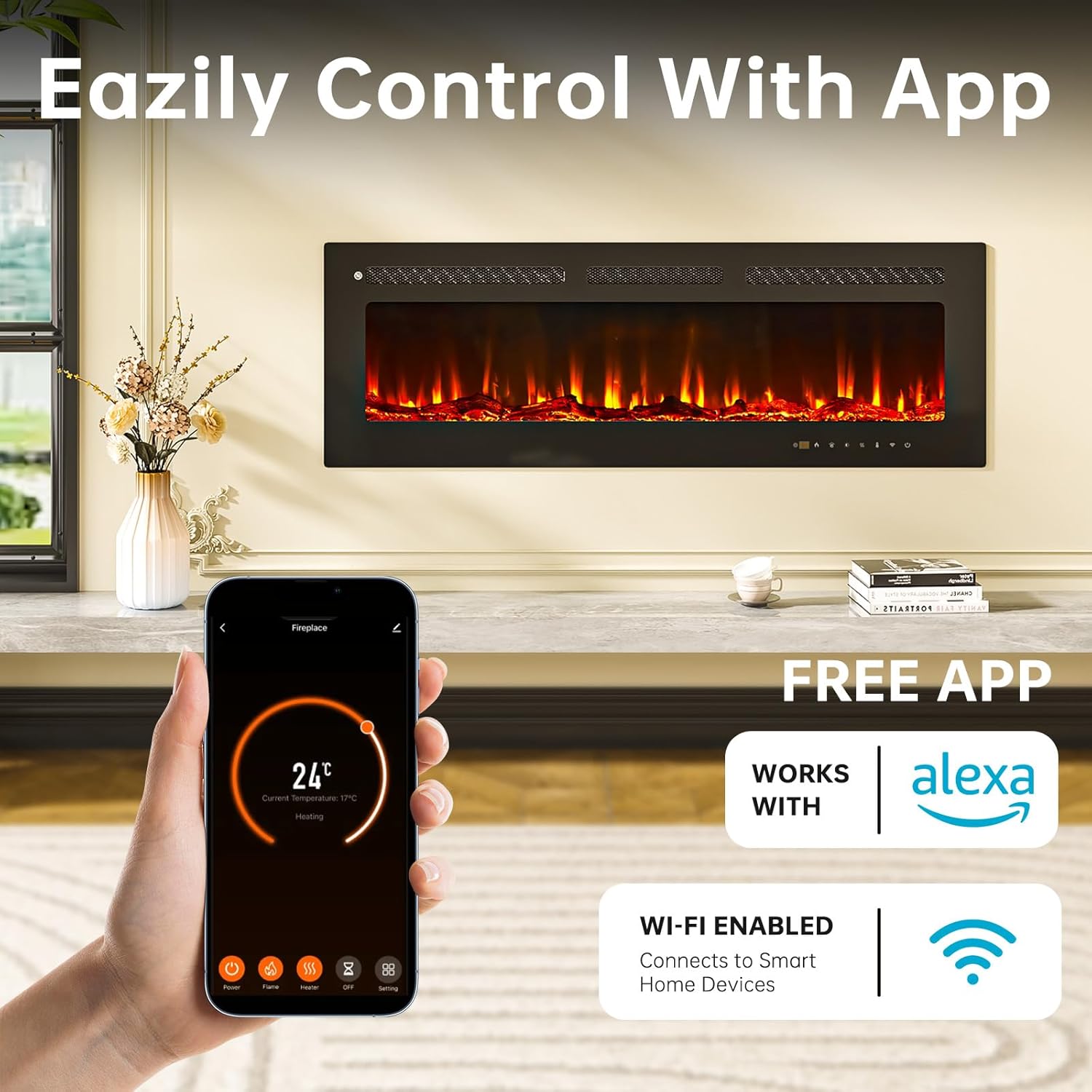 oneinmil 50 Smart Electric Fireplace Heater with Alexa Compatibility