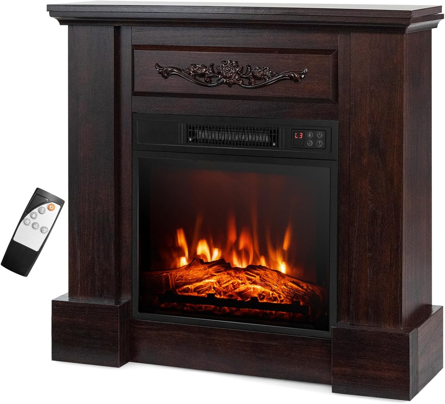COSTWAY 32-Inch Electric Fireplace with Mantel and Remote Control