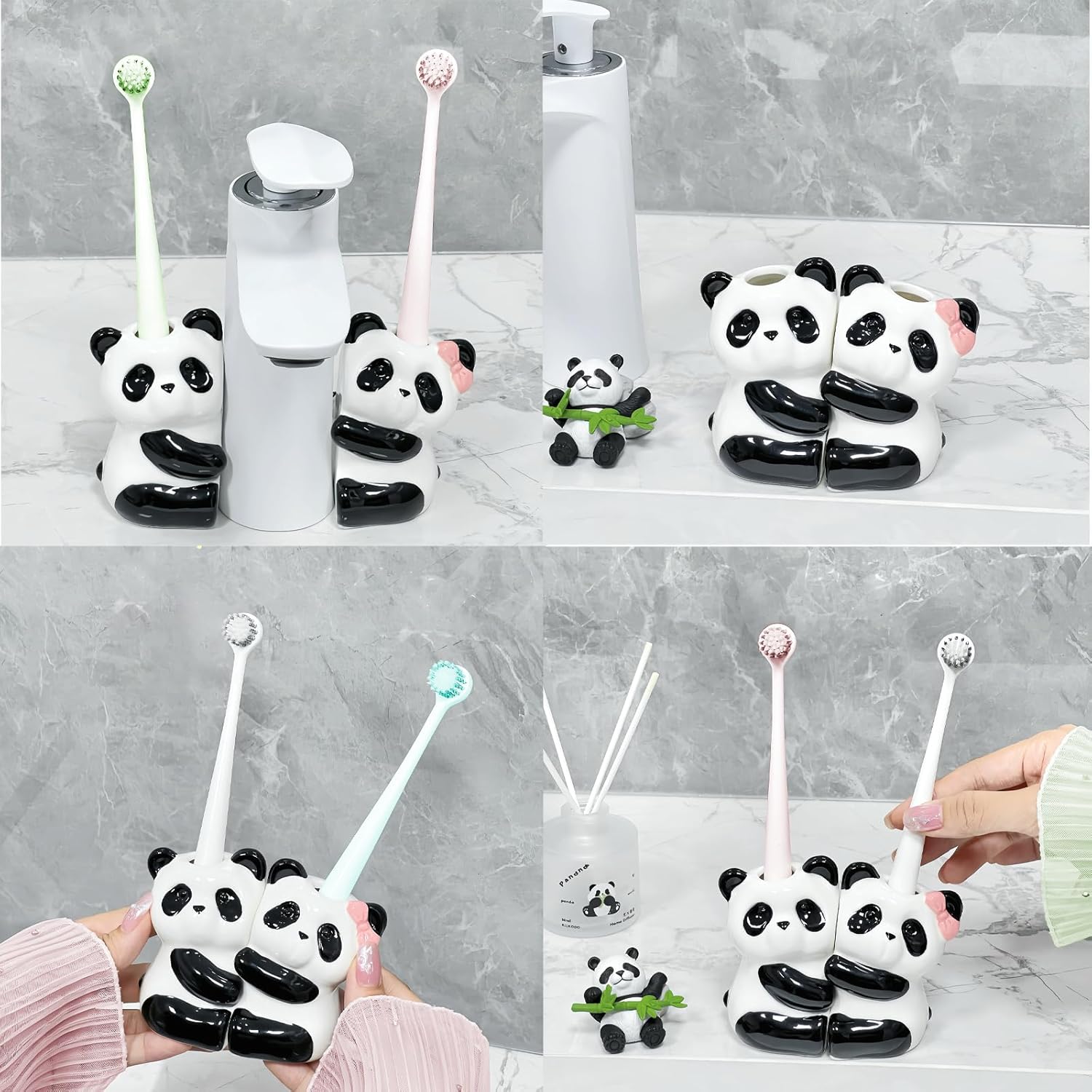 2 Pcs Ceramic Panda Hug Toothbrush Holder - Cute Animal Shape Bathroom Organizer