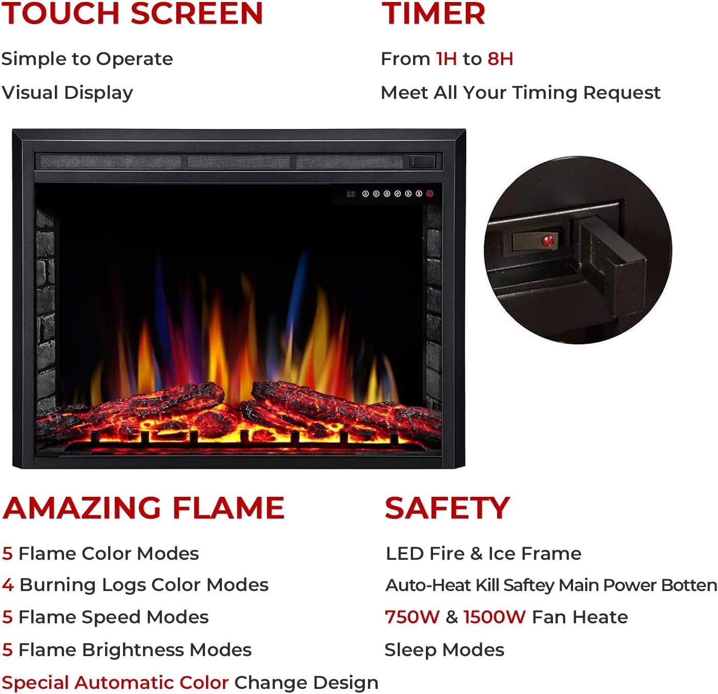 RWFLAME 39 Electric Fireplace Insert with Touch Screen