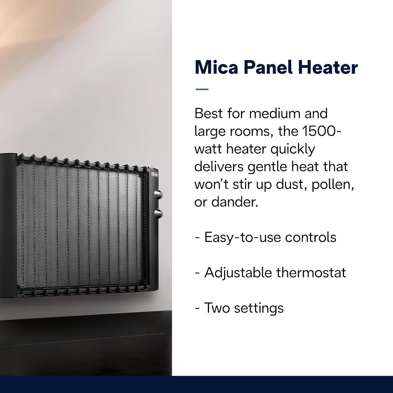 DeLonghi 1500W Mica Panel Space Heater with Thermostat Quiet Adjustable