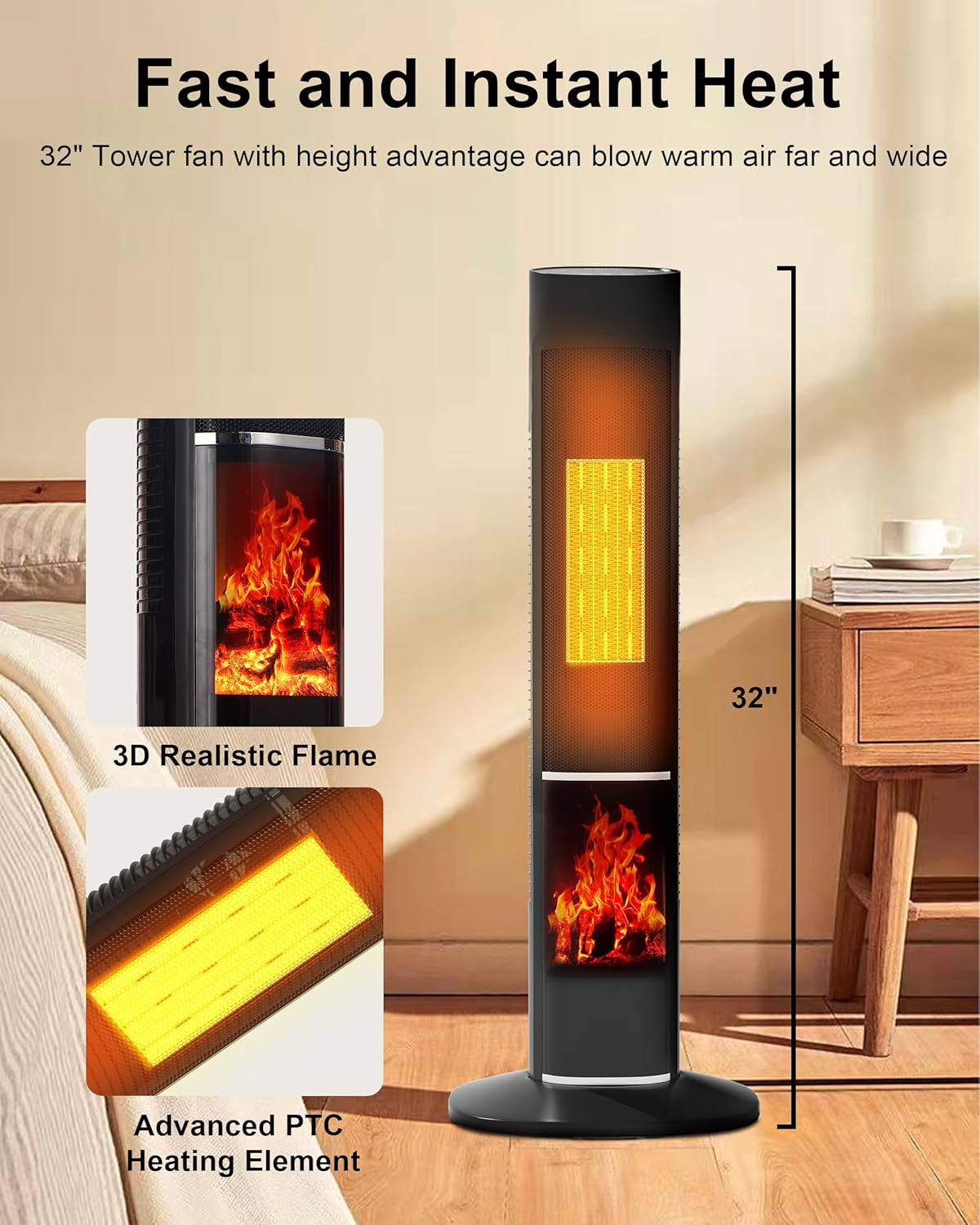 Uthfy 32 1500W Tower Heater with Flame and Thermostat