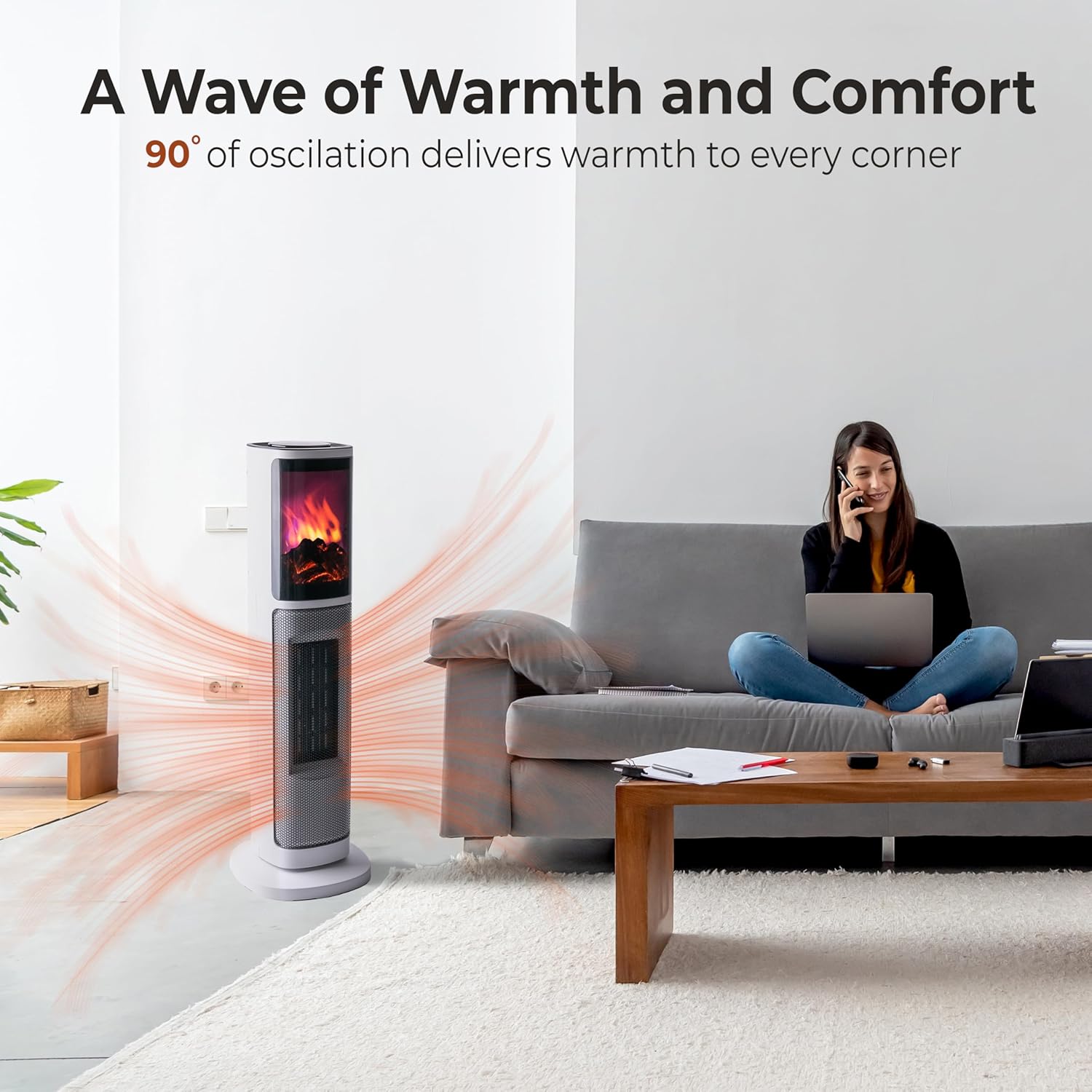Comfort Zone Tower Heater with 3D Flame and Remote Control 1