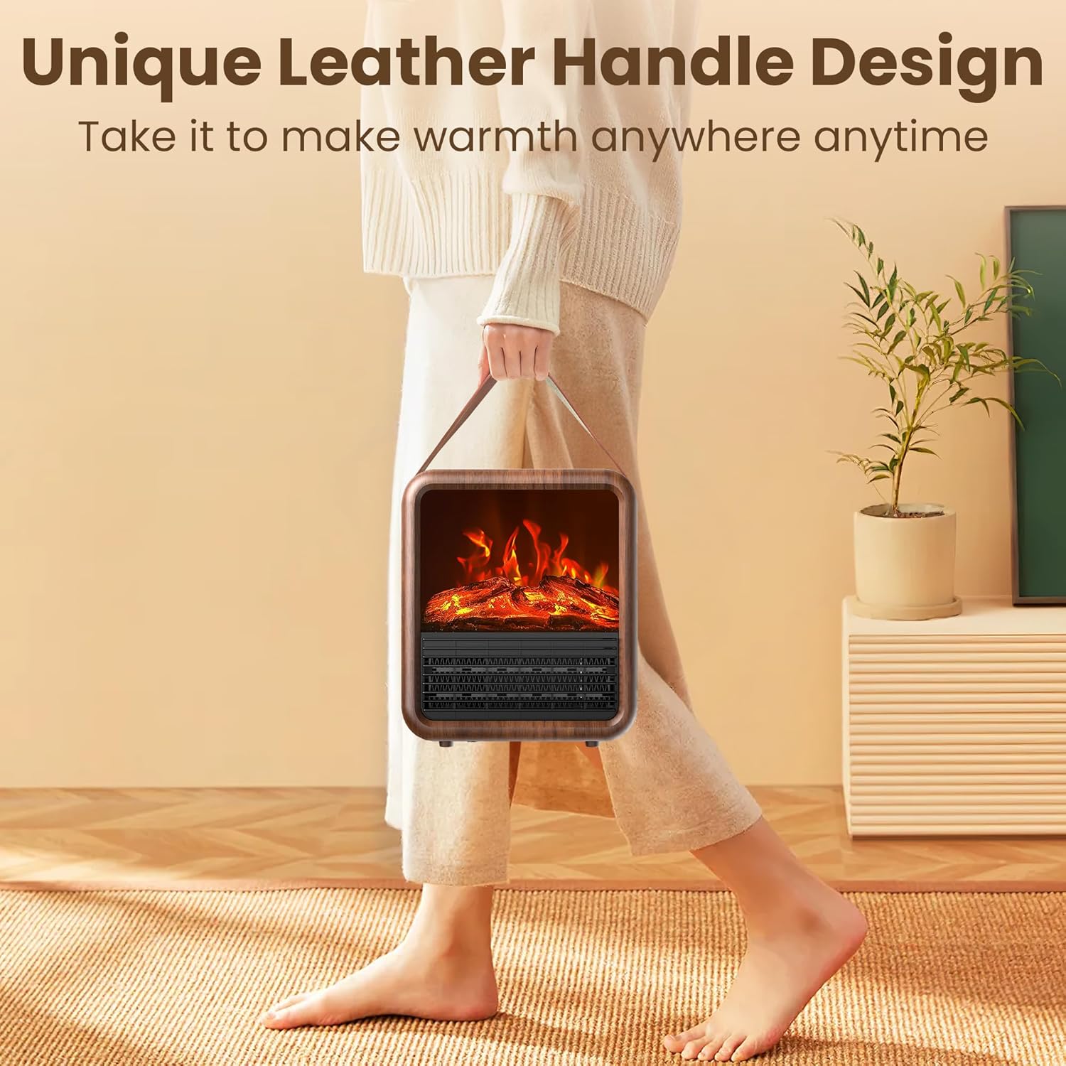 Riseon Small Portable Electric Fireplace Heater with 3D Flame and Thermostat