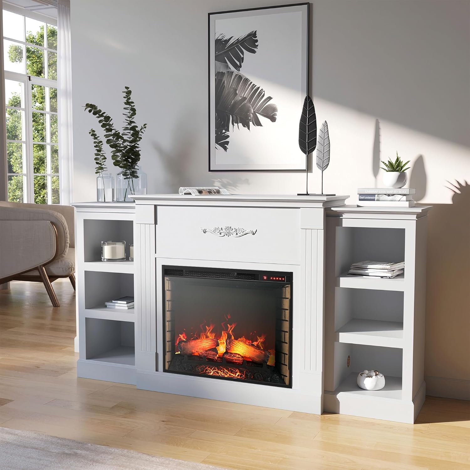 BELLEZE Modern 70 Electric Fireplace with Shelves and Sound