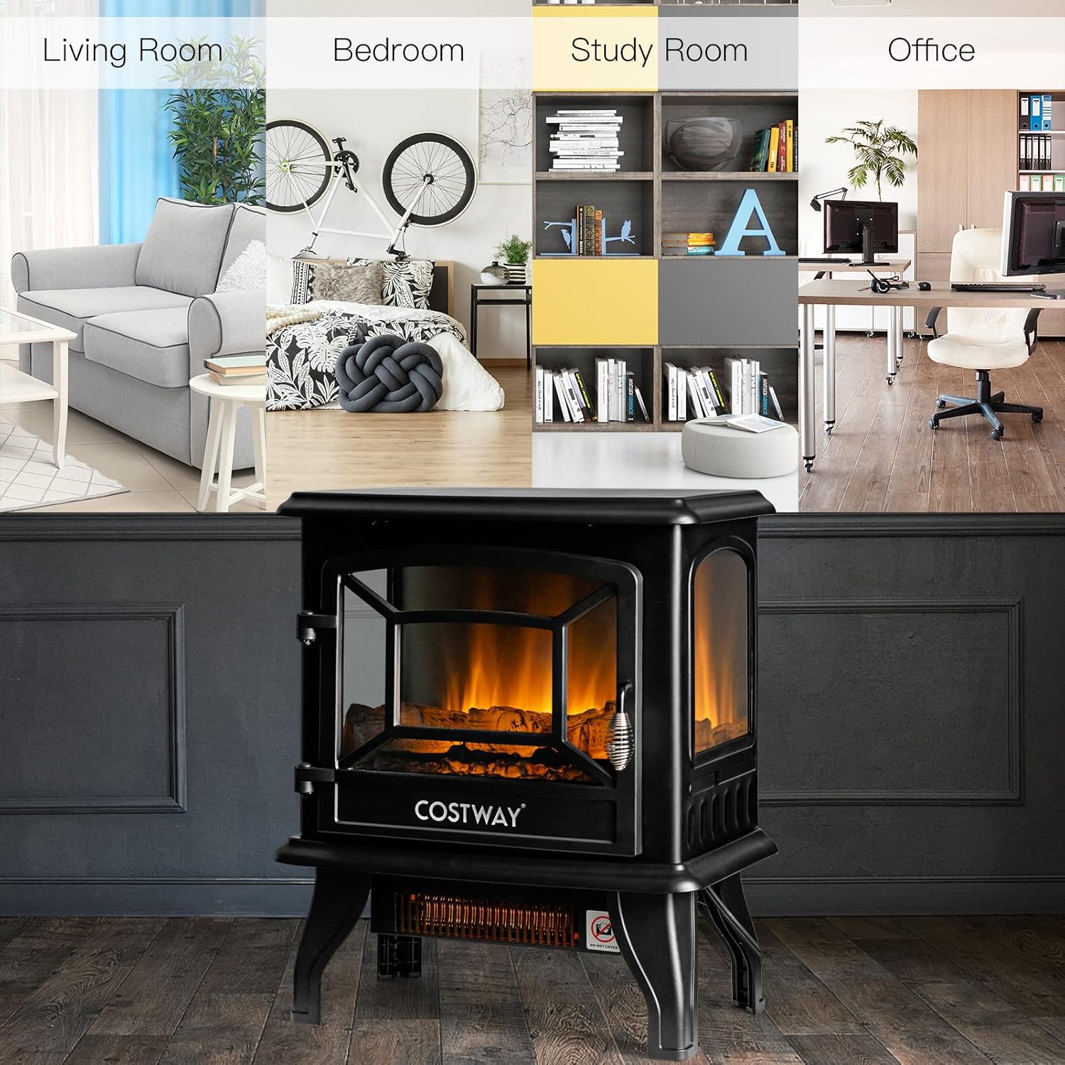 COSTWAY Electric Fireplace Stove with Realistic Flame and Adjustable Thermostat
