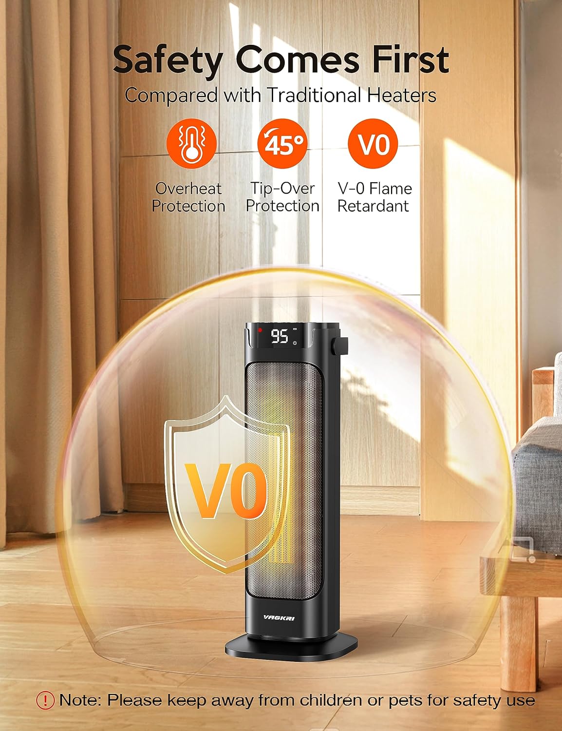 VAGKRI 24 Electric Space Heater with Remote and Thermostat 3 Modes Black