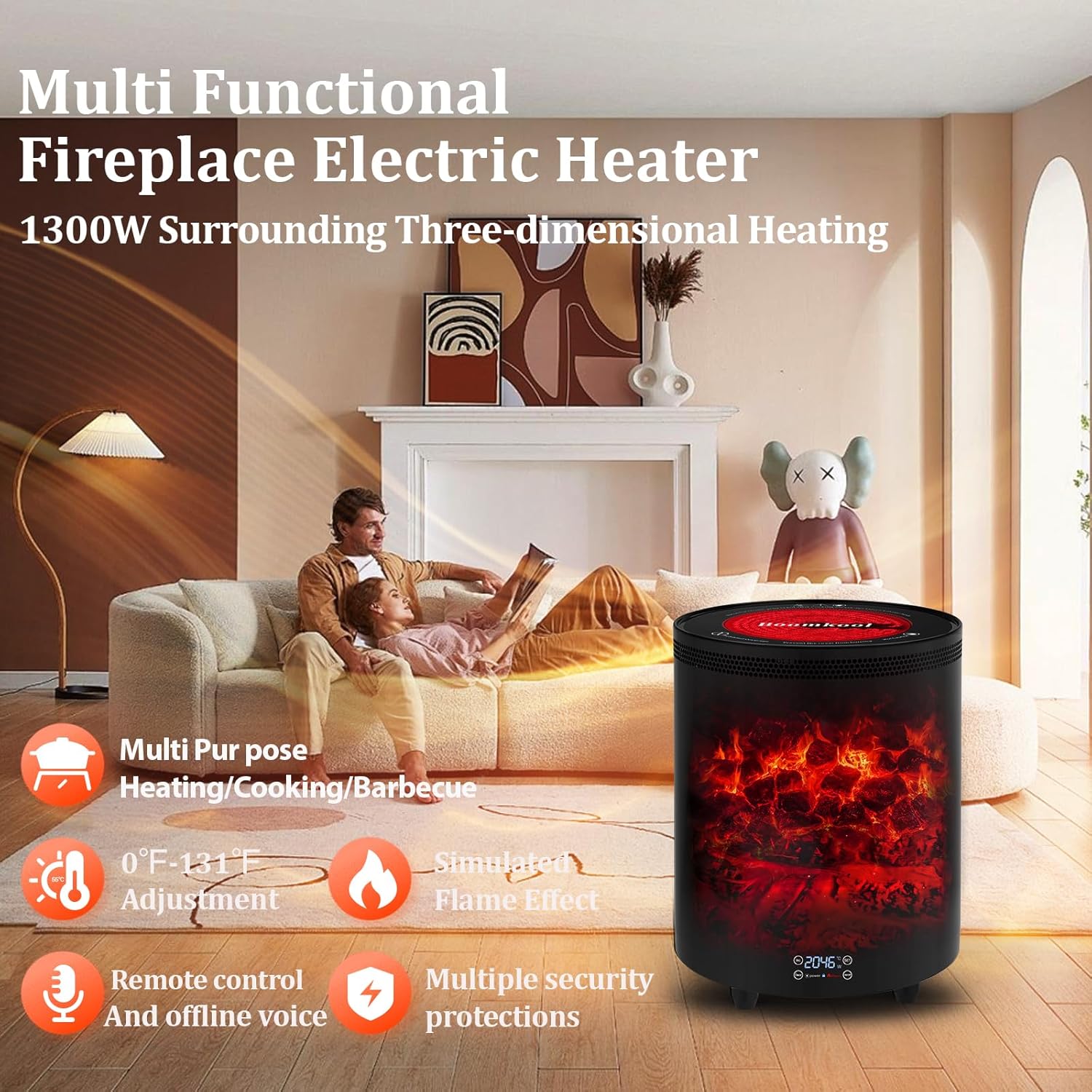 Boomkool Electric Fireplace Heater with 3D Flame and 1300W Power