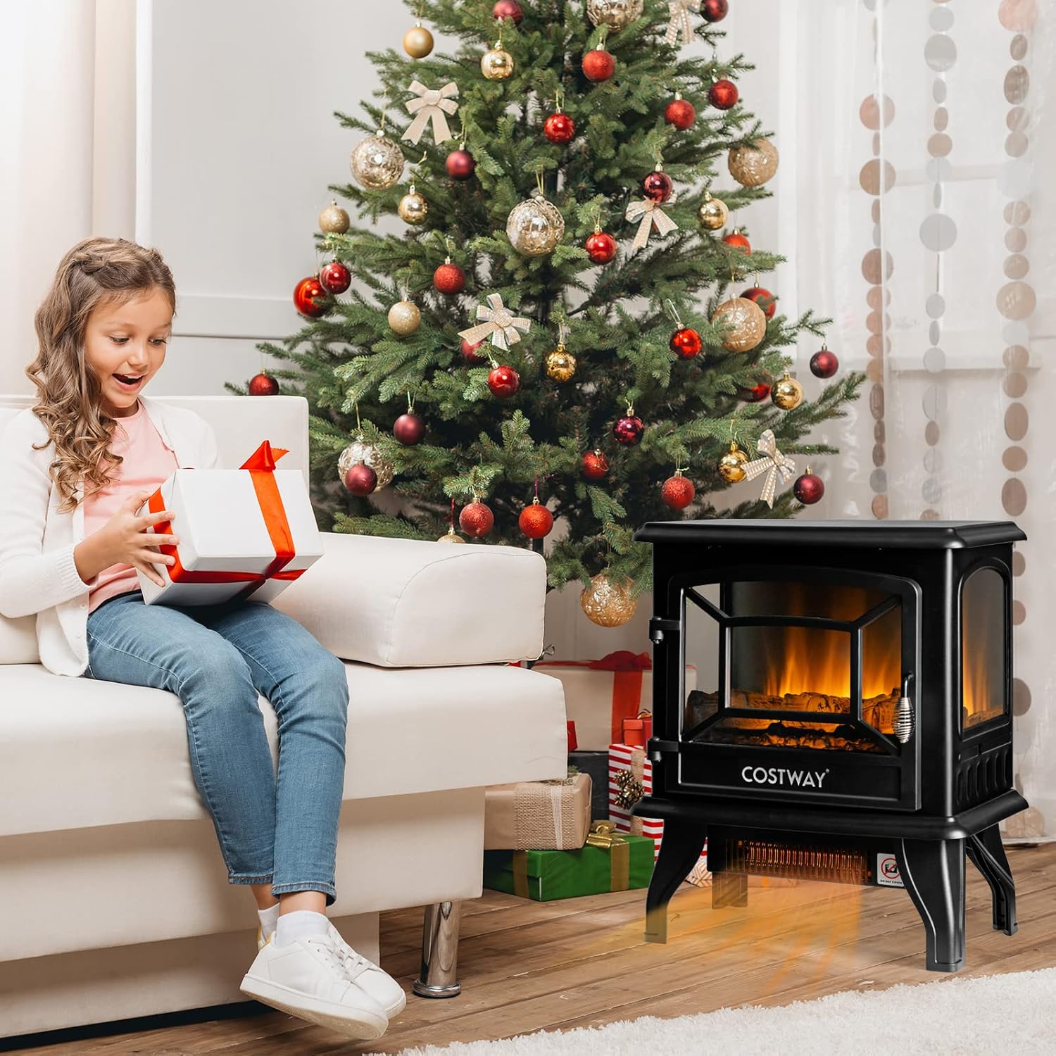 COSTWAY Electric Fireplace Stove with Realistic Flame and Adjustable Thermostat