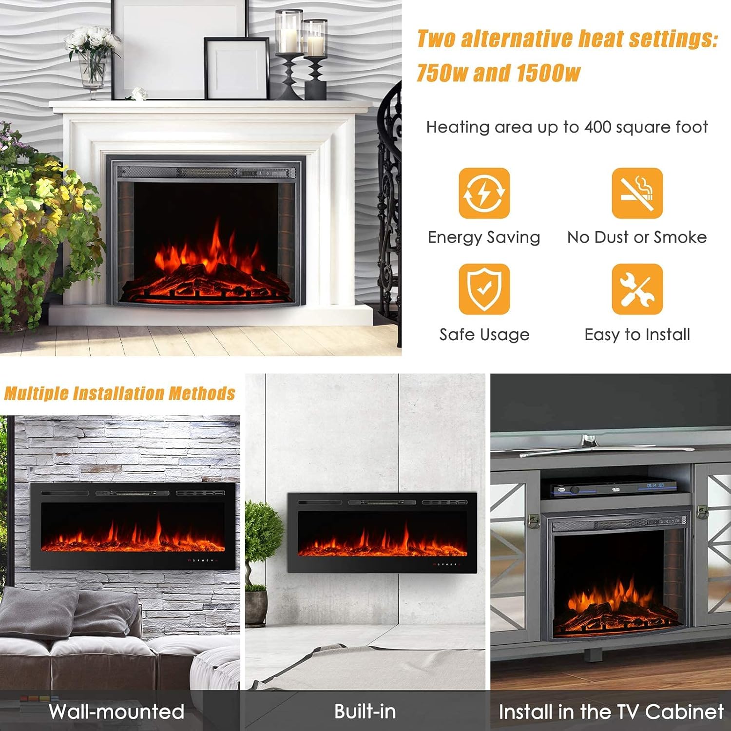CharaVector 60 Inch Electric Fireplace with Remote Control and Touch Screen Black